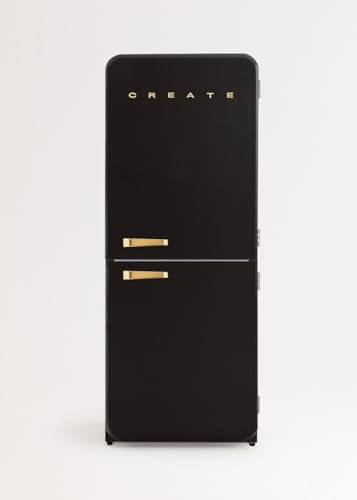 CREATE / RETRO FRIDGE COMBI 185 GOLD/Réfrigérateur combiné noir avec poignée dorée et congélateur 401L / 190W, système No Frost, 3 étagères, 2 tiroirs, 70x65x185 cm