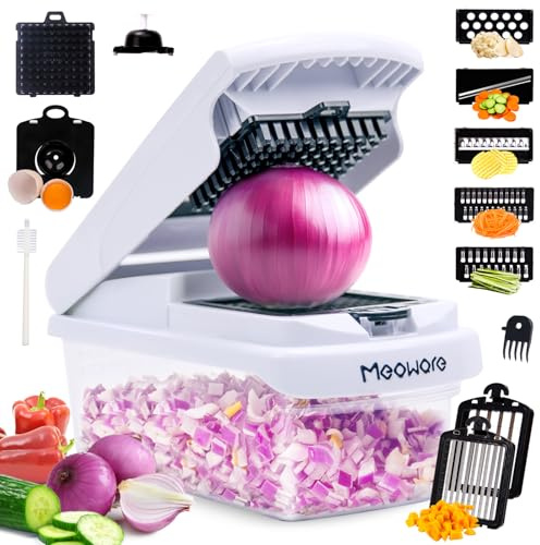 Meoware 7-in-1 Vegetable Chopper Pro - Mandoline Vegetable Slicer with 7 Stainless Steel Blades - Compact Food Processor - Onion Chopper & Cheese Slicer - Kitchen Accessories Essentials (White)​​