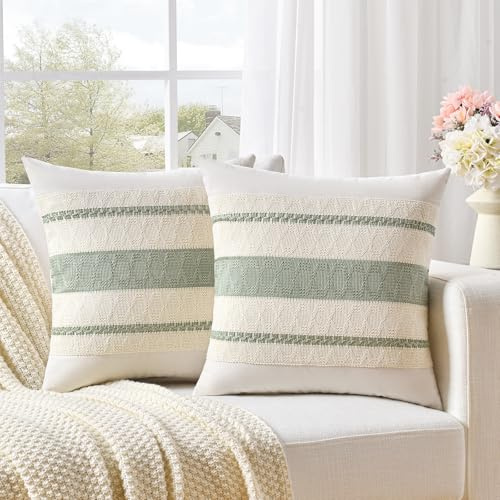 FDTERN 2er Set Boho Kissenbezug 50x50 Salbeigrün,Dekorative Leinen Kissenbezüge Kissenhülle Dekokissenbezug Sofakissen Dekokissen Deko für Sofa Schlafzimmer Wohnzimmer