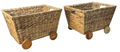 Wicker Toys Storage with Removable Wheels, Set of 2, Heavy Duty Hyacinth Storage Baskets for Organizing, Storage Woven Basket, Rattan Basket, Toys Storage (Water Hyacinth)