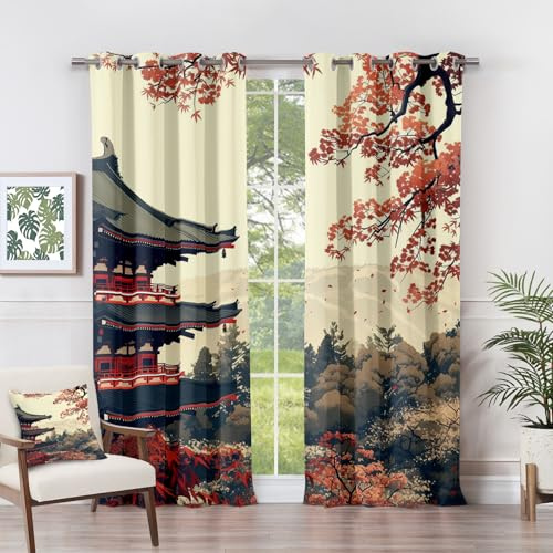 Cortinas opacas japonesas de flor de cerezo 228 x 258 cm juego de 2 paneles cortinas de ventana orientales asiáticas con diseño de paisaje de otoño de Japón