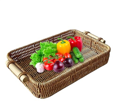 Bandeja organizador rectangular de mimbre - VIMIMI Bandeja para cómoda, Bandeja tejida para | Bandeja rectangular de ratán, Bandeja decorativa Versátil, Bandeja con asa de exposición