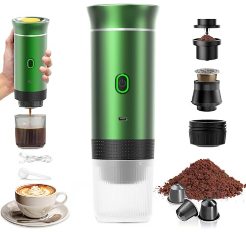 VHV Cafetera de café portátil, 3 en 1 cafetera de café expreso eléctrica, 12 V café expreso recargable, para oficina, viaje, casa, compatible con cápsulas espresso y café molido (verde)