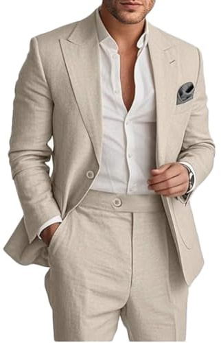 Botong Completo da uomo in lino da 2 pezzi, leggero, blazer e pantaloni, set estivo da spiaggia per matrimoni, Beige, 50