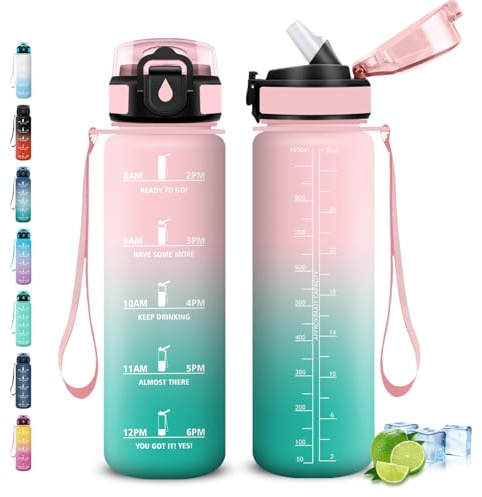 Grsta Gourde, Gourde 1l, Anti-Fuite, Gourdes Sport avec Paille, Gourdes Reutilisable avec Slogan de Motivation, Facile à Transporter, Bouteille d'eau pour Fitness, Cyclisme, Voyage, Yoga