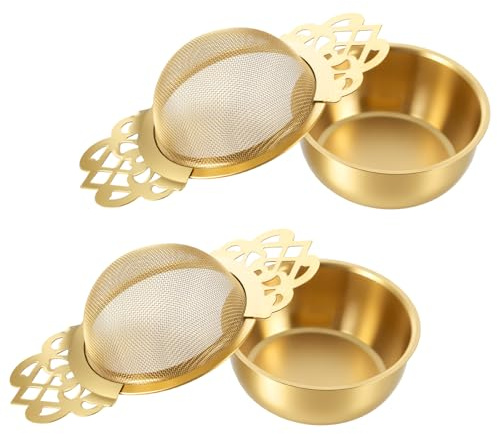 Lnngub 2 Pack Tea Strainer Bowl,Stainless Steel Tea Strainers for Loose Teas Single Cup Small Fine Mesh Teas Strainer with Drip Bowls for 2.5-4 Inch Cup Mouth,Gold
