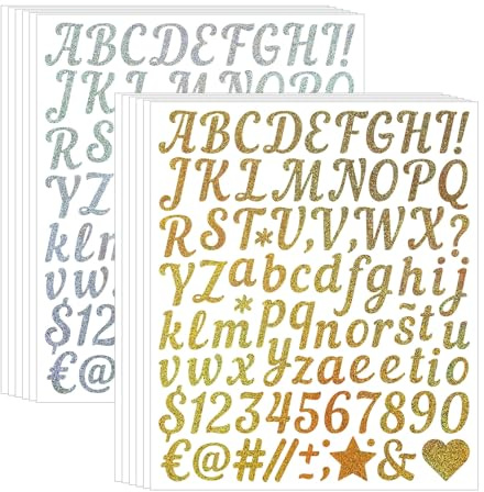 QingWing 12 Blatt In Gold und Silber Buchstaben Sticker, Buchstaben Aufkleber Wasserfest und Abriebfest, Ohne Klebespuren AblöSbar, Klebebuchstaben Diy Notizbuch Heimdeko Geschenkdeko