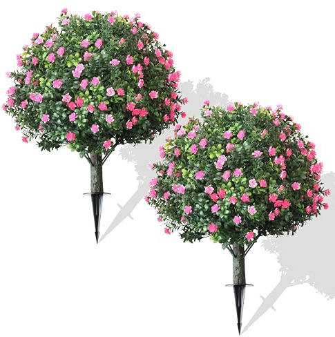 GOCEJOOO 2-Pack Artificial Boxwood Topiary Ball Plant with Pink Flowers, Ground Stake, UV-Resistant Outdoor & Indoor Decorative Flowers