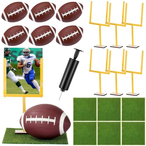 Tasdurian 6 Set Football DIY Table Centerpiece Decor Set Includes Mini Footballs, Artificial Turf, Rugby Hoop Photo Goalposts, Football Tabletop Centerpiece Decoration for Game Birthday Party Favors