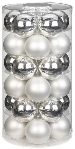 Inge Glas Weihnachtskugeln | Schöne Christbaumkugeln aus Glas | 30 Kugeln in Dose | Christbaumschmuck Weihnachtsbaumschmuck Weihnachtsbaumkugeln (Silber weiß/Glanz matt)