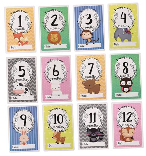 WRITWAA Holz Meilensteinkarten als Geschenk 12 für Babys mit Tiermotiven Doppelseitig zur Fotografie und Wachstumserfassung für Mütter und Neugeborene