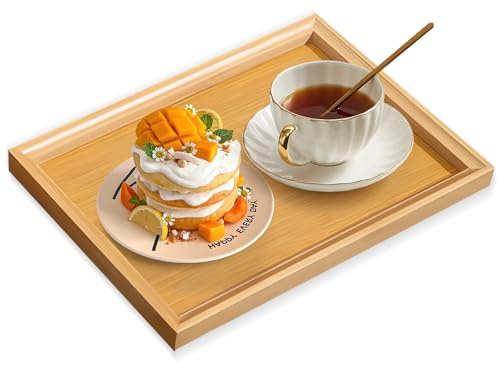 Bamboo Serving Tray, 33x22cm Rectangular Wooden Food Tray | for Kitchen, Living Room, Eating Breakfast Dinner, Snack, Tea, Coffee, Drinks