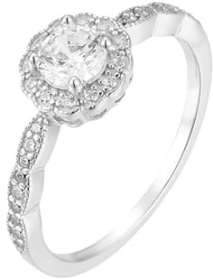 Freundschaftsringe Freundinnen, Freundschaftsringe Dünn Blume mit Moissanit 18K Weißgold Größe 53 (16.9)
