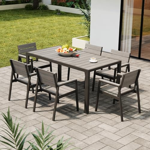 Devoko Gartenmöbel Set 6 stühle mit tischt, Hochwertiges Gartenset Tisch und stühle in Holzoptik, Balcony Furniture alu, Gartengarnitur wetterfest, rostfrei, leicht und langlebig, Dunkelgrau. | Realistische Holzoptik für Garten oder Terrasse Perfekt für Mahlzeiten, Grillen oder Entspannen. Stil und Komfort garantiert