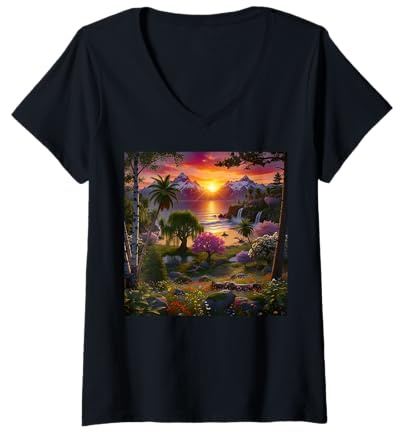 Femme Art de Paysage Nature au Lever du Soleil et au Paradis Vibrant T-Shirt avec Col en V