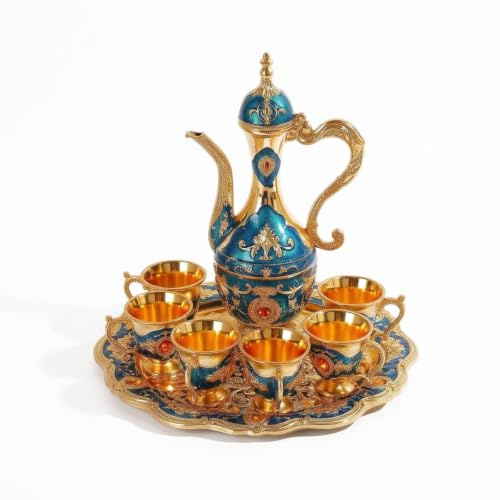 Xgdsnly Juego Té Árabe Dorado Juego Té con Banja Esmaltado Tetera con Tazas para Invitados, Coleccionistas, Comedor, Bodas, Azul