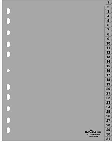 Durable Register 1 -31, DIN A4, grau, PP, Universallochung, 31-teilig (10er Pack)