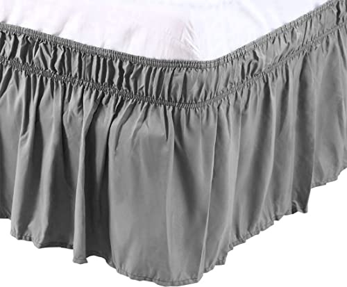 PiccoCasa Cache-sommier élastique à Volants en Microfibre brossée avec Volants de 38 cm (Double, Gris)