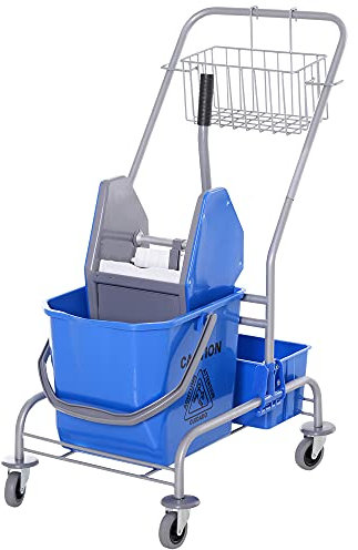 HOMCOM Carrello Pulizie Professionale con Cesto Sospeso, Ripiano, 25L Secchio Lavapavimenti con Strizzatore, Carrello Multiuso con Gancio per Hotel, Albergo e Ristorante, 72x49.5x95 cm, Blu