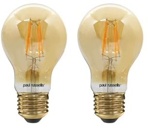 paul russells E27 Edison Screw LED Filament – 4.5Watt 35W Equivalent 400LM Lumens 2200K ES Standard GLS A60 – Amber Bright Energy Saving Light Non-Dimmable – Extra Warm White Bulbs - 2 Pack