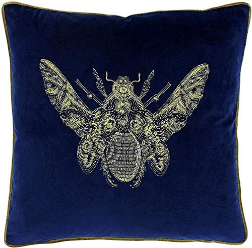 Riva Paoletti Cerana Cushion Cover Royal Blue Super Soft Velvet Fabric Embroidered Bee Design Gold Piped Edges 100% Polyester 50 x 50cm (20 x 20 inches)