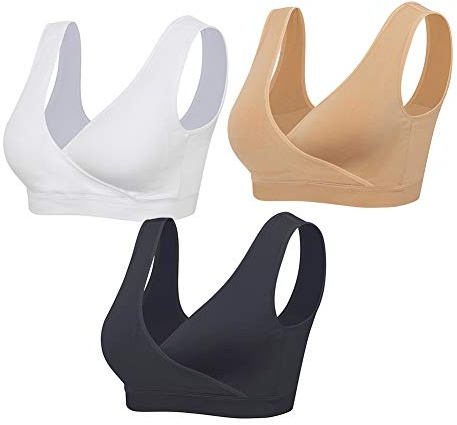 Lemef Reggiseni per Allattamento al Seno Senza Fili, Confezione da 3 Nero & Beige & Bianco L