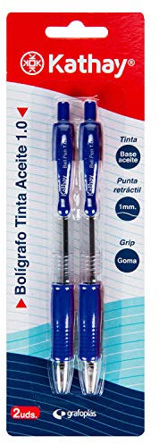 Kathay 86210330. Pack de 2 Bolígrafos de Clic, Tinta Azul, Base Aceite, Punta 1mm, Perfectos para tu Material Escolar y Oficina