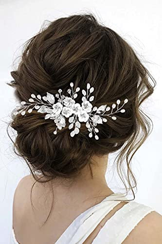 Edary Braut Haarschmuck Hochzeit Silber Blumen Haarkamm Perlen Seitenkamm Blatt Haarteil für Frauen und Mädchen