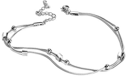 Kim Johanson Edelstahl Damen Fußkettchen *Cube* in Silber | Fußkette mit 6 beweglichen Kugeln | Rostfrei & Wasserfest | Fußband mit Quadraten | Frauen Boho Schmuck | Verstellbar inkl. Schmuckbeutel