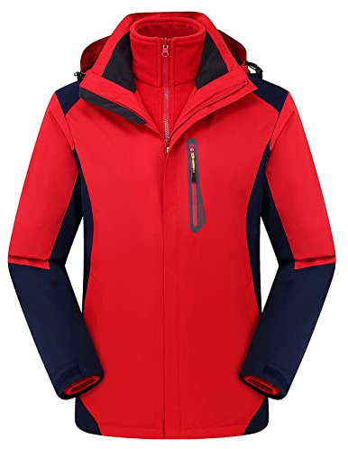 Songyi 3 in 1 Jacken Herren wasserdichte Outdoorjacke Winter Unisex Wanderjacken Fleece Skijacken Kapuzenmantel(Size:XL,Color:Rot)