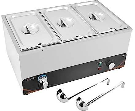 DULNICE Bain Marie Elektrisch 3 GN mit Ablaufhahn und Suppenlöffel,1500W Kommerzieller Elektrische Speisenwärmer Edelstahl Mit Zwei Löffeln für Kantinen-Cafés,Temperaturregelung 30-85°C