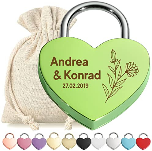 Liebesschloss Herz-Schloss Bügelschloss Grün personalisierte Gravur - Motiv Blume - Geschenkbeutel - eloxiert - für Sie & Ihn - Geschenkidee Verlobung Hochzeit Geburtstag - Paar, love
