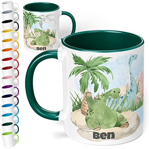Dinosaurier Tasse mit Namen Dinos – Tasse personalisiert für Kinder – Dinotasse Kinderbecher Namenstasse für Jungen und Mädchen - schönes Geschenk & Mitbringsel Kindergeburtstag (Dunkelgrün)