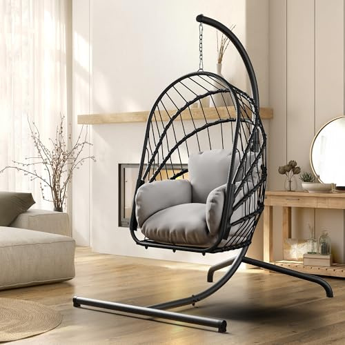 YITAHOME Grau Hängesessel mit Gestell, Rattan-Korb Schaukelstuhl mit strapazierfähiger Polsterung, 160 kg Tragfähigkeit, Garten, Schlafzimmer, Balkon, Outdoor oder Indoor Schaukel Sessel