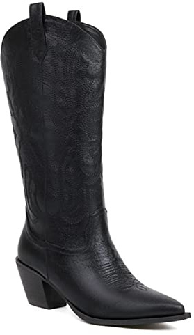CRETUAO Bottes brodées rétro pour Femmes Bout Pointu Baril Moyen Tirer sur Le Talon épais Bottes pour Dames Bottes de Chevalier Bottes occidentales en Cuir,Noir,36 EU