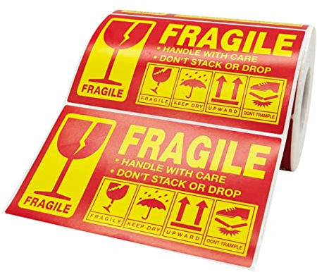 STOBOK Pegatinas de Advertencia Frágil Color Rojo, Autoadhesivas y Fáciles de Pegar para Cajas y Papel, Rollo con 300 Etiquetas para Embalaje y Envío Seguro