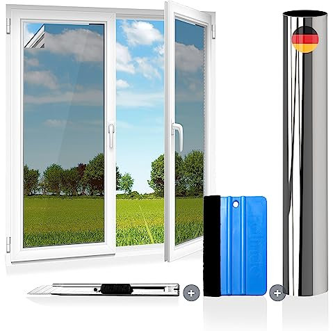 Folindo Fensterfolie Sonnenschutz - 200x61cm - 90% Silber Verspiegelung/Spiegelfolie Fenster Sichtschutz - Hitzeschutzfolie Fenster - Sonnenschutzfolie Fenster außen - inkl. Rakel & Folienmesser