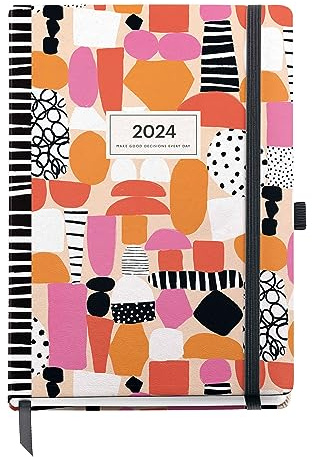 Miquelrius - Jahresplaner 2024, Wochenansicht, Plus Größe 155 x 213 mm (ähnlich A5), fester Einband, genähter Einband, Gummiverschluss, Katalanisch, Englisch und Portugiesisch, Abstrakte Kunst
