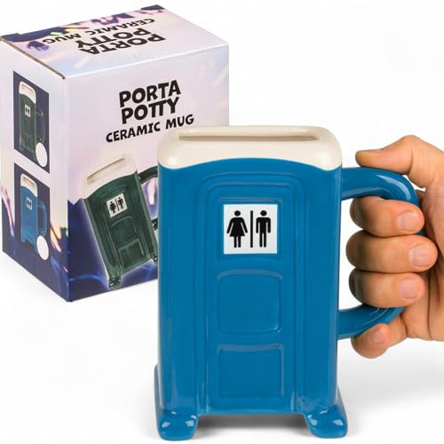 MIJOMA Lustiger Kaffeebecher im Design einer Baustellentoilette – origineller Keramikbecher mit Henkel – 330 ml (Blau)