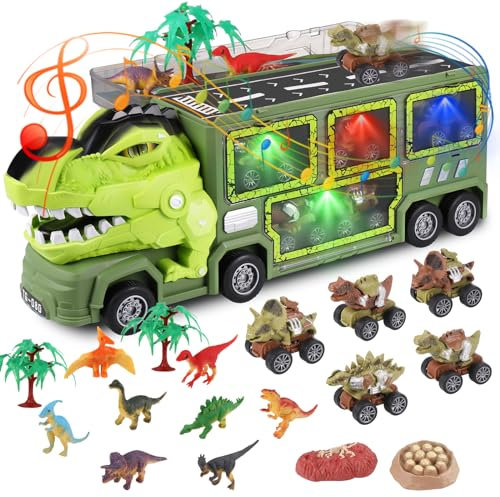 Wrymish Dinosaurier Truck Spielzeug ab 3 4 5 6 7 8 Jahre, Dino LKW Autotransporter Spielzeug Set mit 9 Dinosaurier Figuren und 5 Mini Dino Auto, Mit Ton＆Licht, Kinder Weihnachts Geburtstags Geschenke