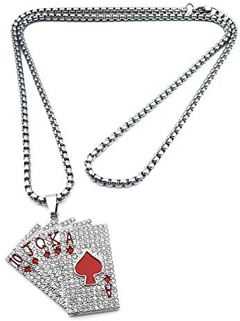 Collier de quinte royale en cristal pour hommes, Collier de cartes de poker affleurantes, Collier pendentif cartes à jouer avec chaîne de 27,6 po, Poker à pique Collier Amulette Chanceux (Rouge)