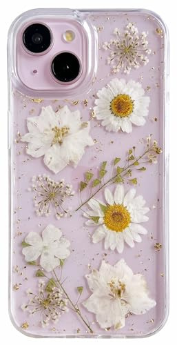 AMART für iPhone 15/iPhone 14/iPhone 13 Hülle Blumen, Durchsichtig Handyhülle mit Echte Getrocknete Blumen Hülle,Klare mit Glitzer Motiv Weich Silikon Schutzhülle für iPhone 15/14/13(Gold Blume)
