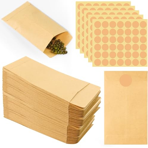 Hengxinchen 200 Stück Samentütchen Papiertüten Mini 6x10cm Minipapiertüten Braun,minikraftpapier tüten für Saatgut Aufbewahrung,Basteln,Hochzeit und Weihnachten,Papiertüten Klein mit Aufkleber Rund