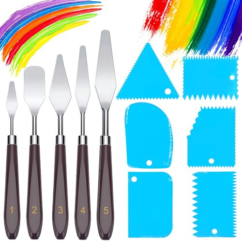 11 Stück Palette Messer und Abstreifermesser Malwerkzeug Set,Strukturpaste,Spachtel Set,5 Öl Malen Palettenmesser+6 Abstreifermesser,Malmesser,Edelstahl Acryl Spachtel zum Ölgemälde, Gouache, Aquarell