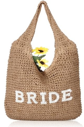 Locmeo Bride Handwoven Straw Bag for Women Boho Beach Shoulder Tote Bag Bride Summer Rhinestone Letters Tote for Women Wedding Bridal Shower Bachelorette Gift