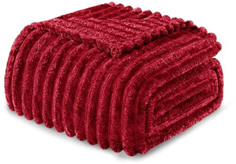 Exclusivo Mezcla Coperta Plaid Pile di Flanella per Divano, 230x270 CM Coperta Letto Matrimoniale con Righe Jacquard, Accogliente e Leggero, Rosso intenso