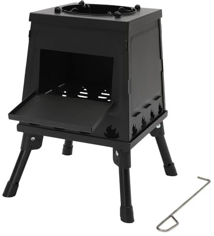 Estufa de leña portátil, estufa de camping al aire libre, estufa de acero al carbono, pequeña estufa de leña para camping, camping al aire libre, calentador de picnic (negro)