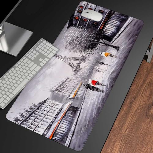Gesmatic Leather Desk Pad Protector Large Extended Gaming Mouse Pad Laptop Non-Slip Stitched Edge 31.5 X 15.7 Oil Street View of Paris Easy Clean Laptop Desk Writing Mat for Office Work Home Decor