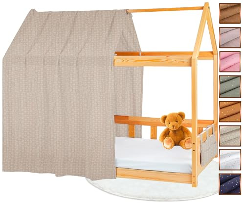 Lovely Hippo Hausbett Himmel - 100% Baumwolle - Betthimmel Hausbett aus Musselin - Bett Vorhang Kinderbett - Himmelbett Vorhänge 90x200cm (Beige mit Blättern Tasche, 120 x 370 cm (1er Set))
