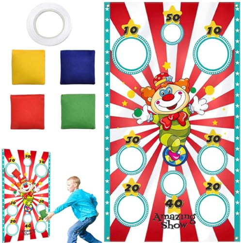 YANXINKE Zirkus Wurfspiel Banner,Karneval Wurf Spiel,4 Bohnentaschen Party Wurfspiel,Karneval Wurf Spiel Clown Banner,Zirkus Bohnen Säcke Wurf Spiel,Indoor Outdoor Spiele für Kinder